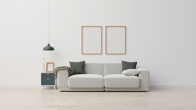 Innenplakatwohnzimmer mit buntem weißem Sofa.