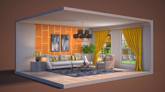 Innenraum der 3D-Illustration des Wohnzimmers in einer Box
