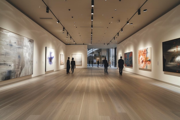 Innenraum der Galerie für zeitgenössische Kunst mit Besuchern, die sich moderne Gemälde ansehen