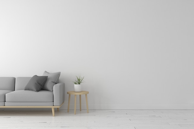 Innenraum der modernen Art des Wohnzimmers mit grauem Gewebesofa, hölzerner Seitentabelle und weißer Wandfarbe auf weißem Bretterboden. 3d rendern