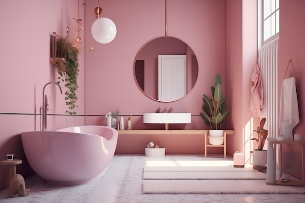 Innenraum des Badezimmers in rosa Farben in einem modernen Haus