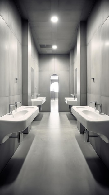Innenraum des Badezimmers mit ausgerüstetem Waschbecken und öffentlichen Toilettenurinalen Modernes Badezimmerdesign