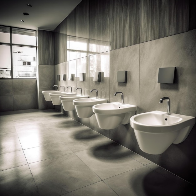 Innenraum des Badezimmers mit ausgerüstetem Waschbecken und öffentlichen Toilettenurinalen Modernes Badezimmerdesign