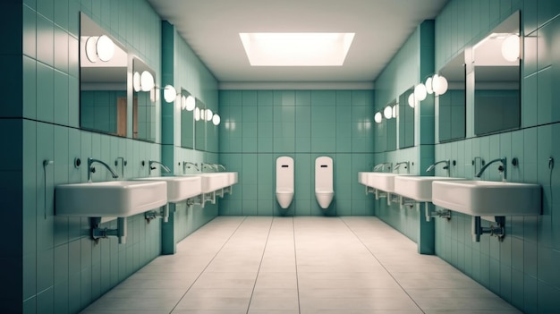 Innenraum des Badezimmers mit ausgerüstetem Waschbecken und öffentlichen Toilettenurinalen Modernes Badezimmerdesign