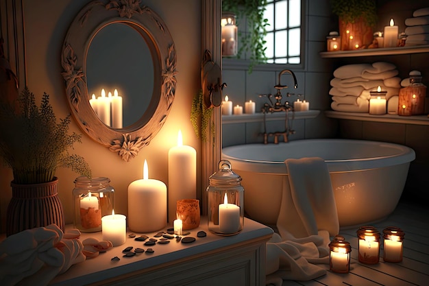 Innenraum des Badezimmers mit Kerzen in Abendstimmung, erstellt mit generativer KI