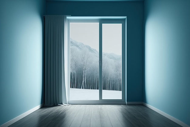 Innenraum des blauen leeren Raumes mit Hartholzboden, hoher Wand und weißer Landschaft außerhalb des Fensters Innenlandschaft Nordische Innenarchitektur