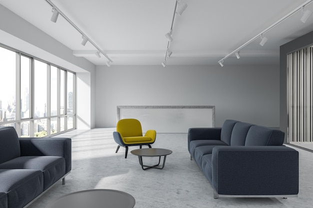 Innenraum des Bürowartezimmers mit Dachbodenfenstern, Betonboden und gelben und blauen Sesseln neben dunkelblauen Sofas. Eine Rezeption. 3D-Rendering