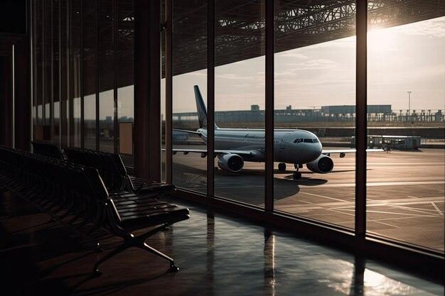 Innenraum des Flughafenterminals mit Flugzeug im Fenster Generative KI