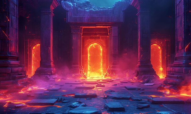 Innenraum des Lava-Tempels mit fließenden Lava- und Feuerelementen Holog VR-Konzeptidee Neon-Leuchtung