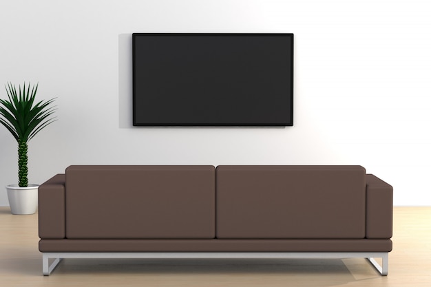 Innenraum des leeren Raumes mit Fernsehen und Sofa, Wohnzimmer führte Fernsehen auf moderner Art der weißen Wand, Wiedergabe 3d