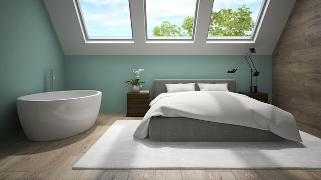 Innenraum des Mansarden-Badrooms mit blauer Wand 3D-Rendering