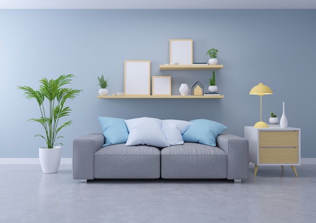 Innenraum des modernen designs des wohnzimmers, des grauen sofas auf konkretem bodenbelag und der blauen wand