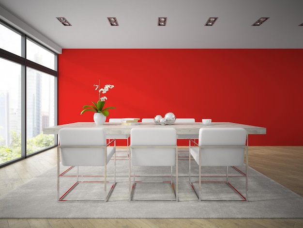 Innenraum des modernen Esszimmers mit roter Wand 3D-Rendering