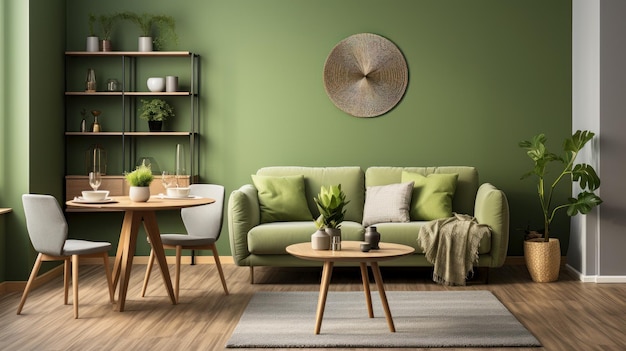 Innenraum des modernen, gemütlichen Scandi-Wohnzimmers in Grüntönen, stilvolles Sofa, Couchtisch aus Holz und Esszimmer