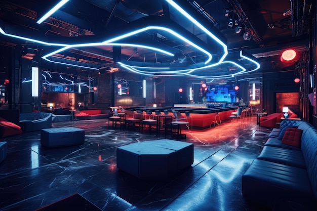 Innenraum des Nachtclubs mit Neonlichtern, 3D-Rendering. Ein stilvolles, modernes Nachtclub-Ambiente mit einem eleganten AI-generierten Modus