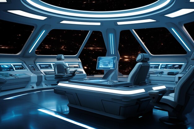 Innenraum des Raumschiffs mit Touchscreen-Schnittstellen und LED-Streifen, die den Raum beleuchten