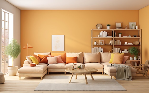 Innenraum des Wohnzimmers in schlichter monochromer Farbe. Einfaches einfarbiges Design-Inetrior-Konzept