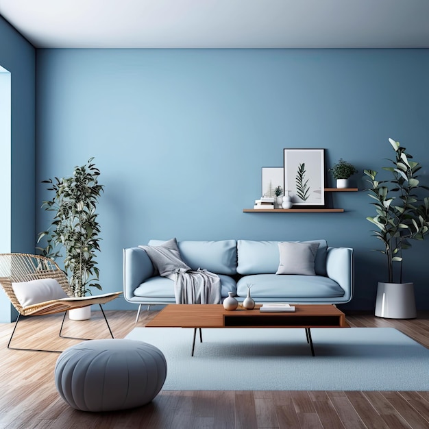 Innenraum des Wohnzimmers mit blauem Sofa 3D-Rendering