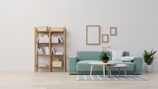 Innenraum des Wohnzimmers mit farbenfrohem weißen Sofa