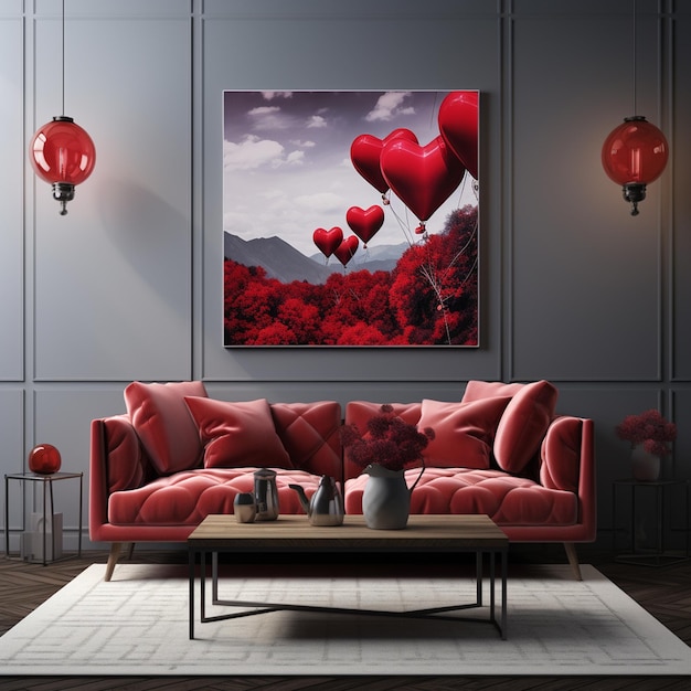 Innenraum des Wohnzimmers mit Sofa-Tischen und roten Ballons
