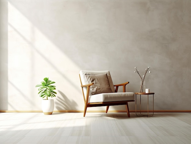 Innenraum des Wohnzimmers mit Stuhl und Dekoration Skandinavisches Design Generative KI