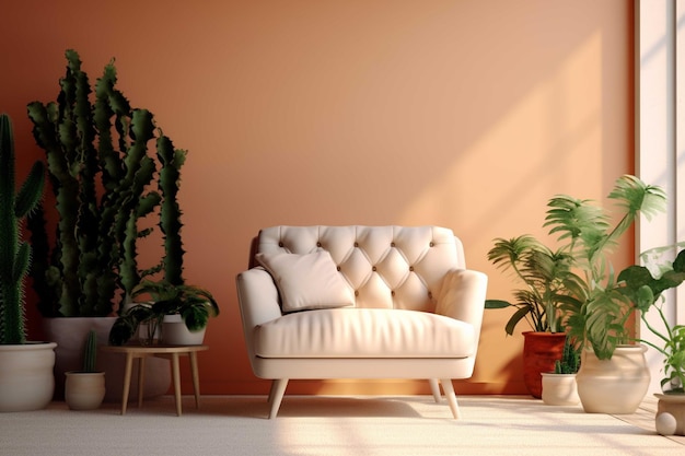Innenraum des Wohnzimmers mit weißem Sofa und Pflanzen 3D-Rendering