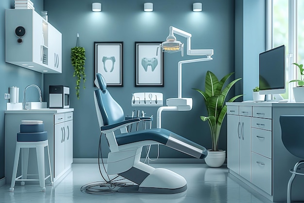 Innenraum des Zahnarztbüros mit Zahnarztstuhl, Stomatologie-Ausrüstung und Patienten