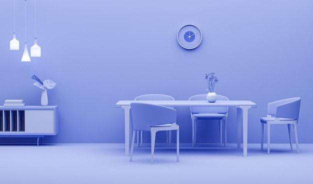 Innenraum des Zimmers in schlichter monochromer pastellvioletter Farbe mit Möbeln und Zimmerzubehör
