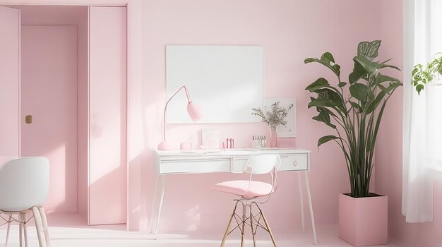 Innenraum des Zimmers in schlichter monochromer rosa Farbe mit Schreibtisch und Zimmerzubehör