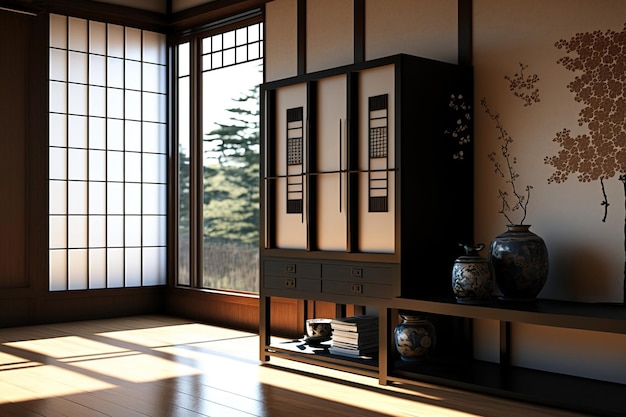 Innenraum des Zimmers moderner Holzschrank im japanischen Stil