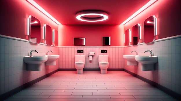 Innenraum einer farbenfrohen Toilette mit Toilettenschüssel und Kommode Generative Ai