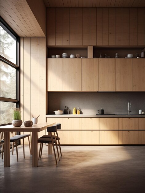 Innenraum einer modernen Holzküche mit generativer KI