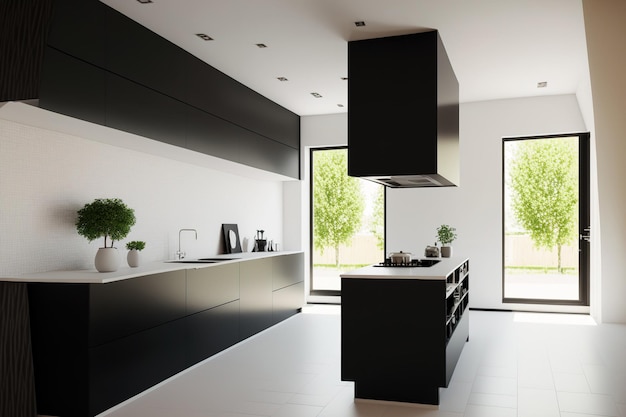 Innenraum einer modernen minimalistischen Küche mit funktionaler Einbauküche und Kücheninsel