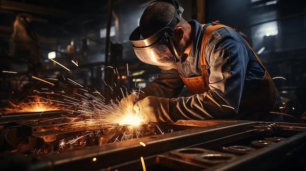 Innenraum einer Schwerindustrie-Maschinenbaufabrik mit einem Arbeiter, der mit einem Winkelschleifer ein Metallrohr schneidet