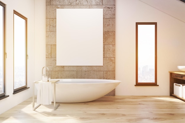 Innenraum eines Badezimmers mit schmalen Fenstern, Holzwanne, Beton- und weißen Wänden und einem großen vertikalen Poster, das auf einem Regal steht. 3D-Rendering. Attrappe, Lehrmodell, Simulation. Getöntes Bild