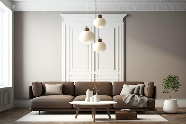 Innenraum eines braunen Ledersofas und Couchtisches in einem beigefarbenen, minimalistischen Wohnzimmer mit Holzboden und drei modischen Deckenlampen als Attrappe
