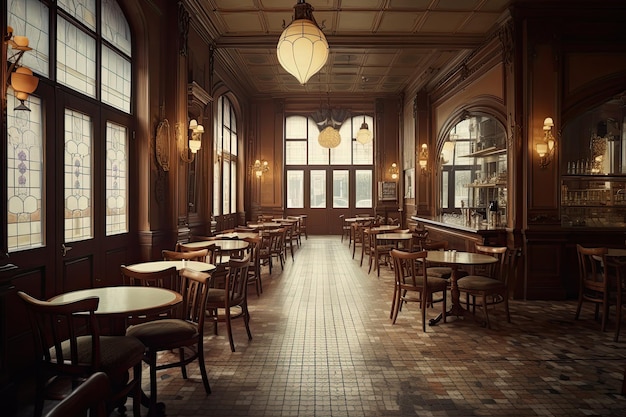 Innenraum eines Cafés 3D-Rendering Vintage-Stil Eine Innenansicht eines großen Restaurants im französischen Stil ohne KI-generierte Kunden