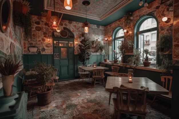 Innenraum eines Cafés mit Holztischen und Stühlen im Vintage-Stil. In einem wunderschön dekorierten Café-Restaurant Ai Generated