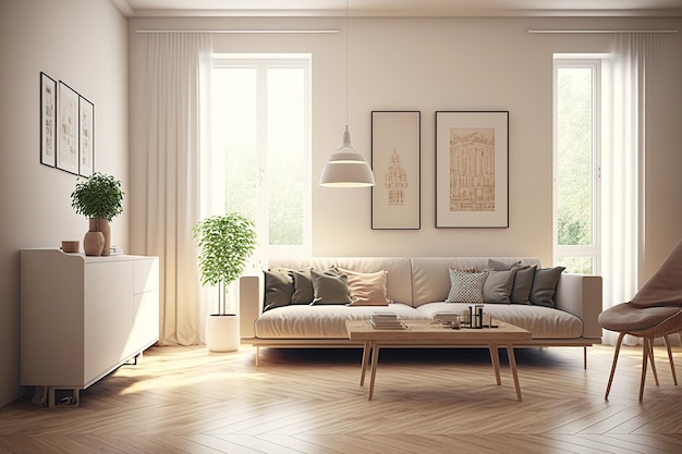 Innenraum eines einfachen Wohnzimmers mit Holzböden, weißen Wänden und beigen Möbeln