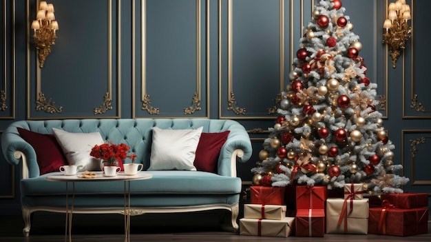 Innenraum eines eleganten Wohnzimmers, geschmückt mit Weihnachtsbaum und Weihnachtsgeschenken