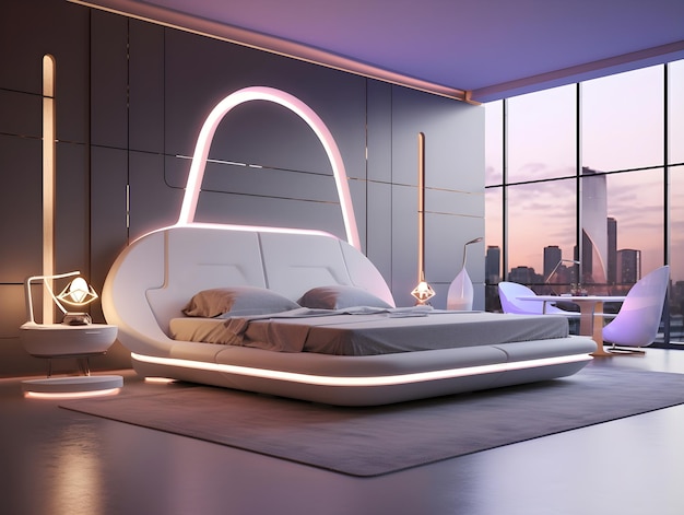 Innenraum eines futuristischen Luxusschlafzimmers mit abstraktem Neonlicht-Gemälde an der Decke
