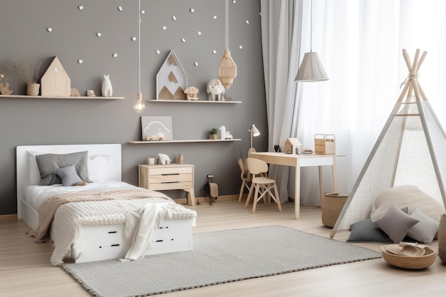 Innenraum eines gemütlichen Schlafzimmers für Kinder im skandinavischen Stil. Generative KI
