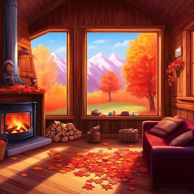 Innenraum eines Holzhauses mit Kamin und Herbstlaubillustration