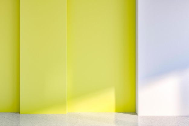 Innenraum eines leeren Raums mit gelben Wänden, weißem Wandfragment rechts und Betonboden. Konzept der Innenarchitektur. 3D-Rendering