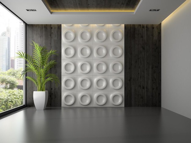 Innenraum eines leeren Raums mit Wandpaneel und Palme 3D-Rendering 3