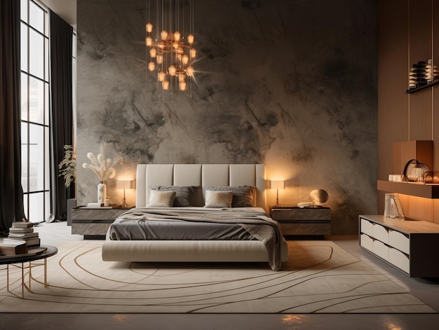 Innenraum eines luxuriösen Schlafzimmerdesigns mit Bettlampen und abstrakter Malerei