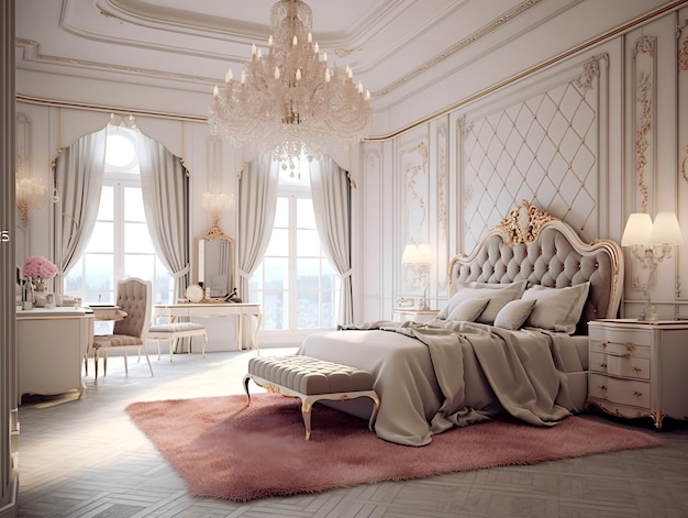 Innenraum eines Luxus-Schlafzimmers mit Bettlampen, Kronleuchter, abstrakten Gemälden und beeindruckender Decke