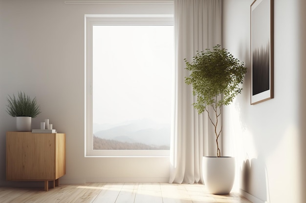 Innenraum eines minimalistischen beigefarbenen Raums mit Vasen auf einem Holzboden, Dekorationen an einer großen Wand und Blick auf eine weiße Landschaft aus dem Fenster Innenlandschaft Nordisches Innendesign