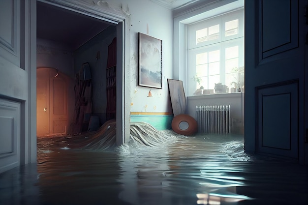 Innenraum eines mit wassererzeugender KI überfluteten Wohnzimmers