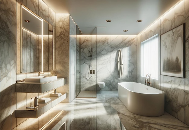 Innenraum eines modernen Badezimmers, bei dem Marmor das Hauptmaterial für die Gestaltung ist